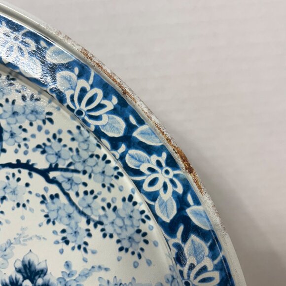 Vintage Ming Dynasty Style Blue & White Chrysanthemum Floral Metal Tray Reproduc - Picture 4 of 4